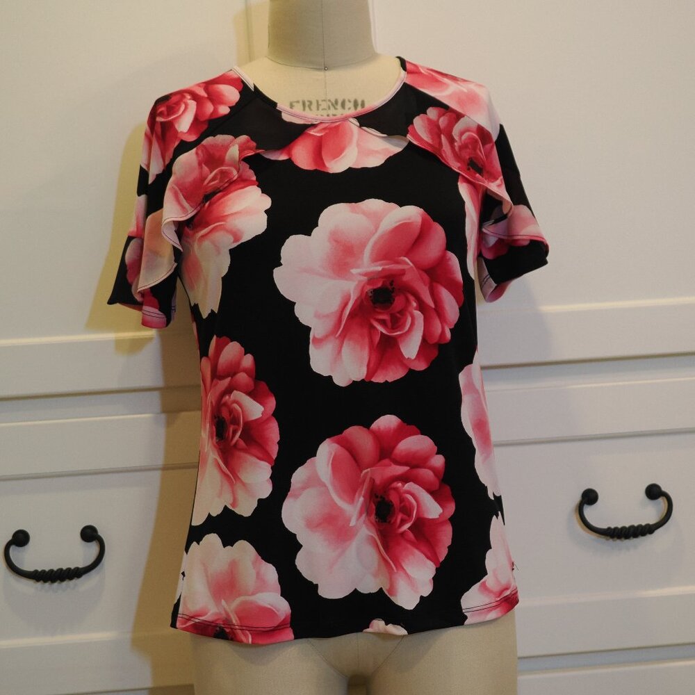 Calvin Klein, Women's Blouse, Short Sleeve,Size Small, Black with Floral Pattern